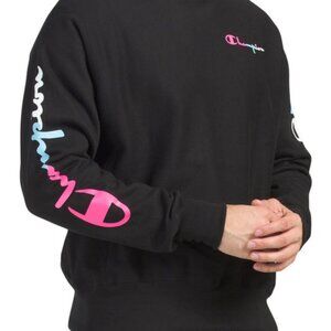 Unisex Champion Reverse Weave Black Crewneck Sweatshirt XL Neon Logo Fleece